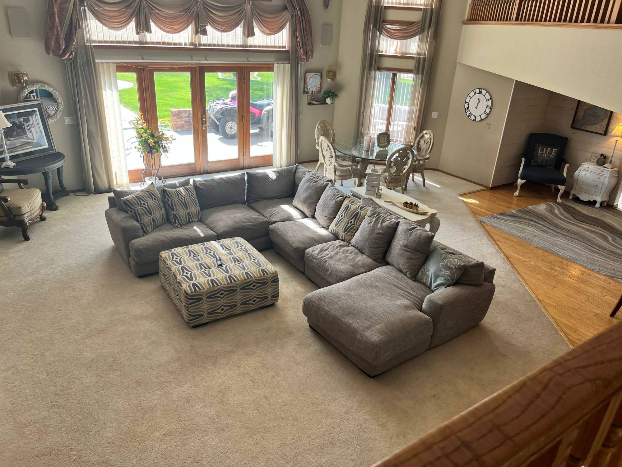 Great room sectional seen from the balcony above